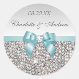 Silver Sequins Aquamarin Bow and Diamond Wedding Runder Aufkleber