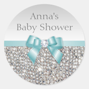 Silver Sequins Aquamarin Bow Diamond Baby Dusche Runder Aufkleber