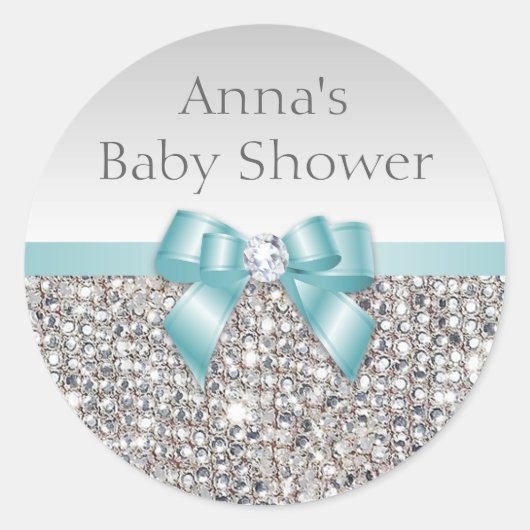 Silver Sequins Aquamarin Bow Diamond Baby Dusche Runder Aufkleber (Vorderseite)