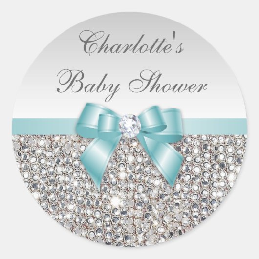 Silver Sequins Aquamarin Bow Diamond Baby Dusche Runder Aufkleber (Vorderseite)