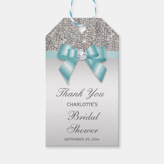 Silver Sequins Aquamarine Diamond Bow Brautparty Geschenkanhänger (Vorderseite)