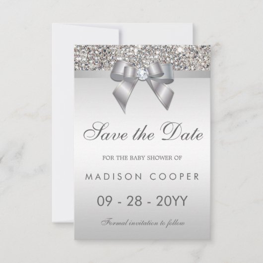 Silver Sequins Bling Bow Save the Date Babydusche (Vorderseite)