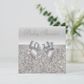 Silver Sequins, Bow & Diamond Baby Dusche Einladung (Stehend Vorderseite)