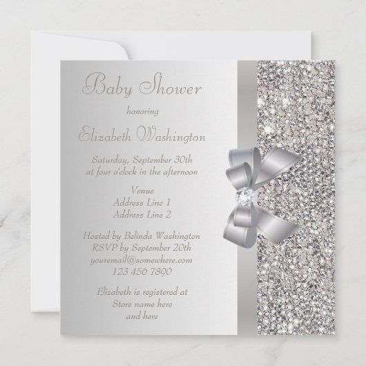 Silver Sequins, Bow & Diamond Baby Dusche Einladung (Rückseite)
