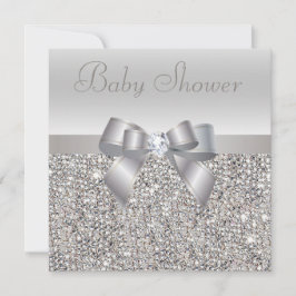 Silver Sequins, Bow & Diamond Baby Dusche Einladung