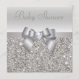 Silver Sequins, Bow & Diamond Baby Dusche Einladung