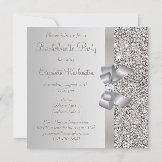 Silver Sequins, Bow & Diamond Junggeselinnen-Absch Einladung (Rückseite)