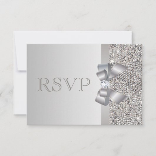 Silver Sequins, Bow & Diamond UAWG Wedding RSVP Karte (Vorderseite)