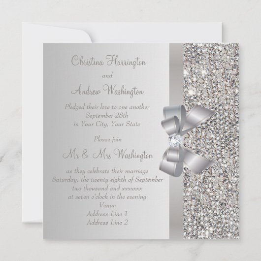 Silver Sequins, Bow & Diamond Wedding Reception Einladung (Rückseite)