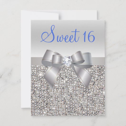 Silver Sequins & Bow Royal Blue Text Sweet 16 Einladung (Vorderseite)
