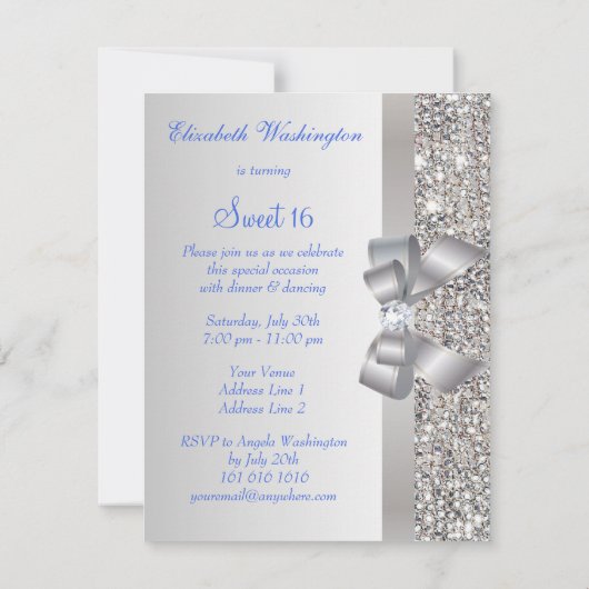 Silver Sequins & Bow Royal Blue Text Sweet 16 Einladung (Rückseite)