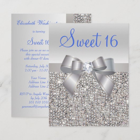 Silver Sequins & Bow Royal Blue Text Sweet 16 Einladung (Vorne/Hinten)