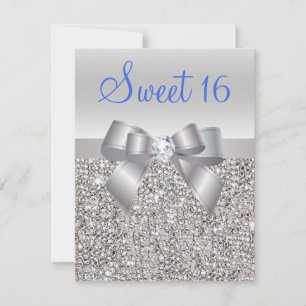 Silver Sequins & Bow Royal Blue Text Sweet 16 Einladung