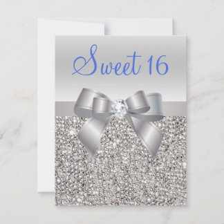 Silver Sequins & Bow Royal Blue Text Sweet 16 Einladung
