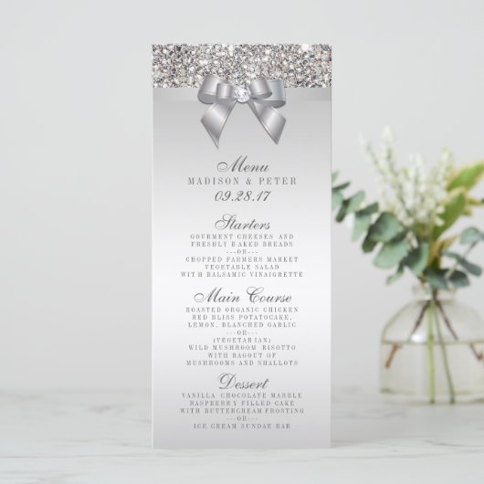 Silver Sequins Bow Wedding Menu Menükarte (Stehend Vorderseite)
