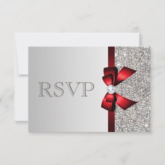 Silver Sequins Diamond Red Bow Wedding RSVP (Vorderseite)