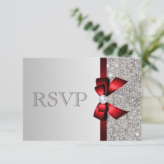 Silver Sequins Diamond Red Bow Wedding RSVP (Stehend Vorderseite)
