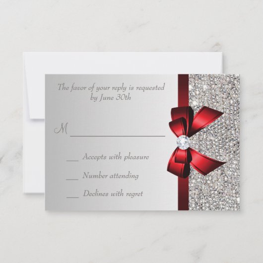 Silver Sequins Diamond Red Bow Wedding RSVP (Rückseite)