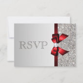 Silver Sequins Diamond Red Bow Wedding RSVP Karte (Vorderseite)
