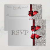 Silver Sequins Diamond Red Bow Wedding RSVP Karte (Vorne/Hinten)