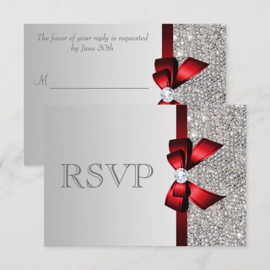 Silver Sequins Diamond Red Bow Wedding RSVP Karte (Vorne/Hinten)