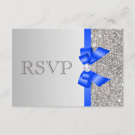 Silver Sequins Diamond Royal Blue Bow Wedding RSVP Karte