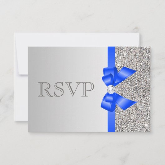 Silver Sequins Diamond Royal Blue Bow Wedding RSVP Karte (Vorderseite)