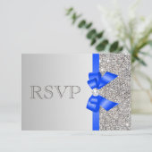 Silver Sequins Diamond Royal Blue Bow Wedding RSVP Karte (Stehend Vorderseite)
