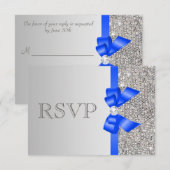 Silver Sequins Diamond Royal Blue Bow Wedding RSVP Karte (Vorne/Hinten)