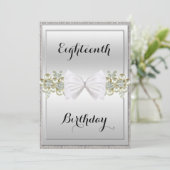 Silver Sequins & Floral Gemes Glitzer Bow Birthday Einladung (Stehend Vorderseite)