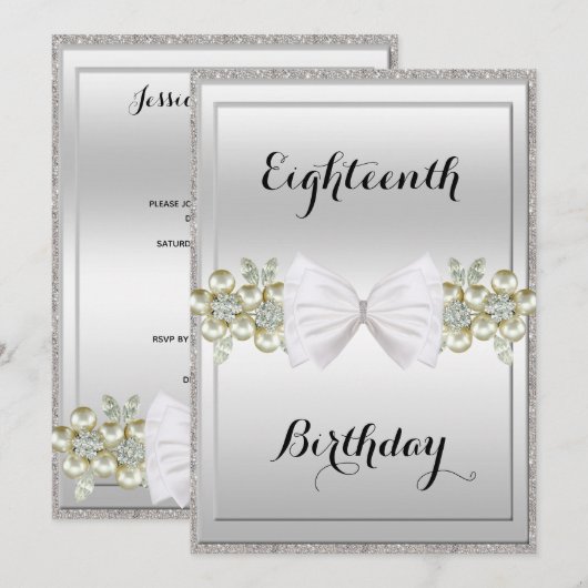 Silver Sequins & Floral Gemes Glitzer Bow Birthday Einladung (Vorne/Hinten)