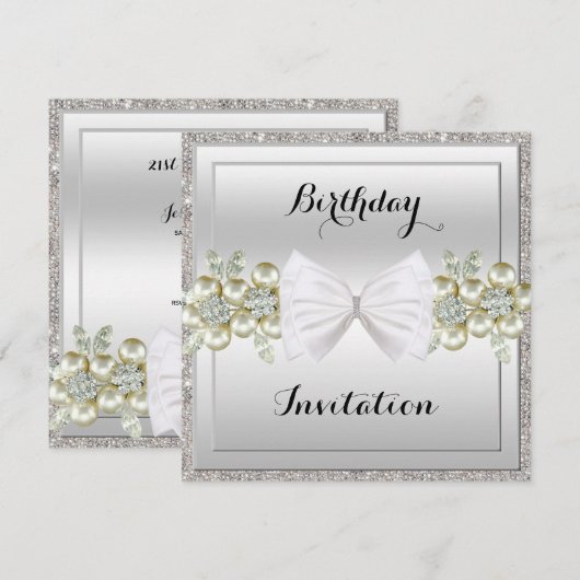 Silver Sequins & Floral Gemes Glitzer Bow Geburtst Einladung (Vorne/Hinten)