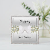 Silver Sequins & Floral Gemes Glitzer Bow Geburtst Einladung (Stehend Vorderseite)