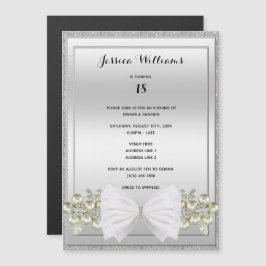 Silver Sequins & Floral Gemes Glitzer Bow Geburtst Magneteinladung