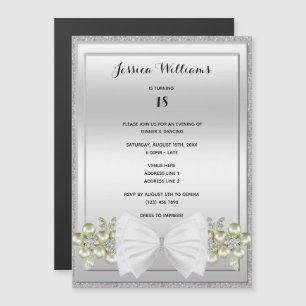 Silver Sequins & Floral Gemes Glitzer Bow Geburtst Magneteinladung