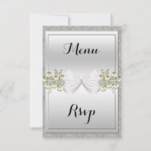 Silver Sequins & Floral Gemes Glitzer Bow Menü UAW RSVP Karte (Vorderseite)