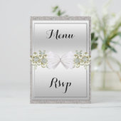 Silver Sequins & Floral Gemes Glitzer Bow Menü UAW RSVP Karte (Stehend Vorderseite)