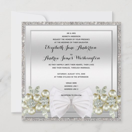 Silver Sequins & Floral Gems Glitzer Bow Wedding Einladung (Rückseite)