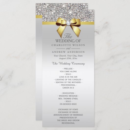 Silver Sequins Gold Diamond Bow Wedding Program Programm (Vorne/Hinten)