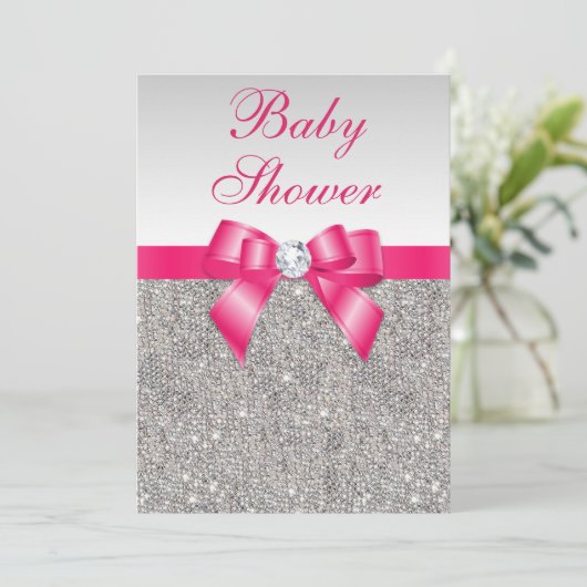 Silver Sequins Hot Pink Bow Girls Babydusche Einladung (Stehend Vorderseite)