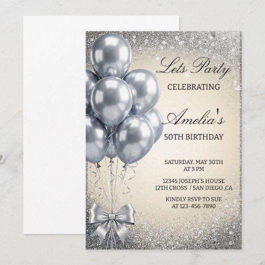 Silver Sequins Let's Birthday Party Invitation Einladung (Vorne/Hinten)