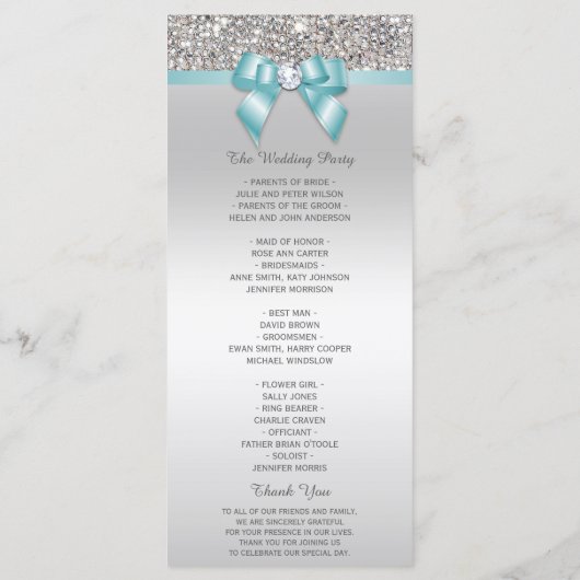 Silver Sequins Light Aquamarin Bow Wedding Program Programm (Rückseite)