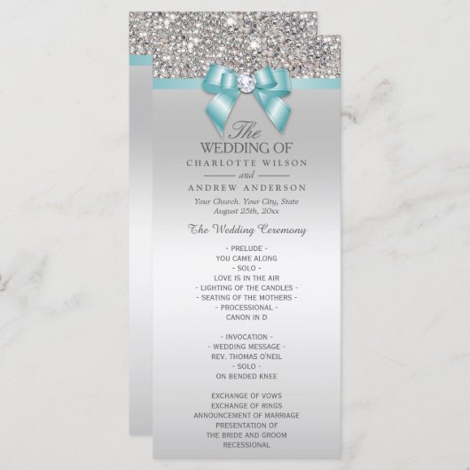 Silver Sequins Light Aquamarin Bow Wedding Program Programm (Vorne/Hinten)
