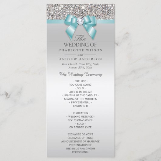 Silver Sequins Light Aquamarin Bow Wedding Program Programm (Vorderseite)