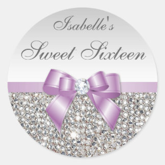 Silver Sequins Lilac Bow Diamond 16 . Geburtstag Runder Aufkleber