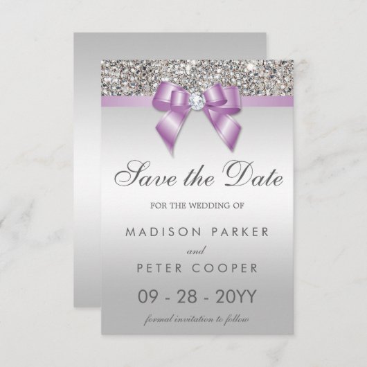 Silver Sequins Lilac Bow Save the Date Wedding (Vorne/Hinten)