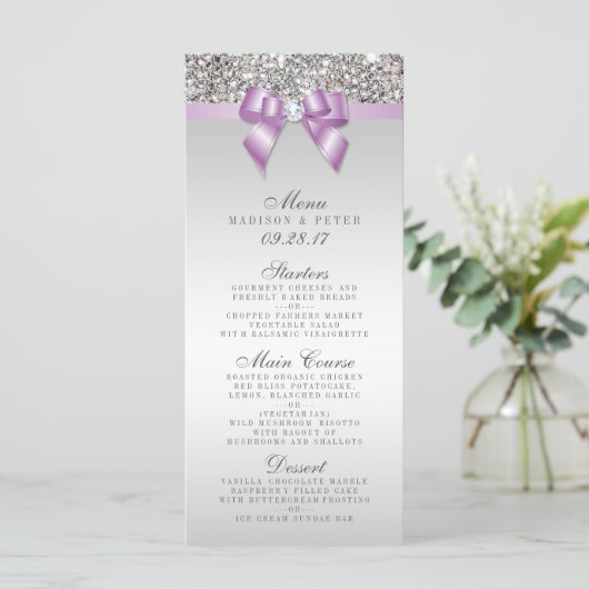 Silver Sequins Lilac Bow Wedding Menu Menükarte (Stehend Vorderseite)