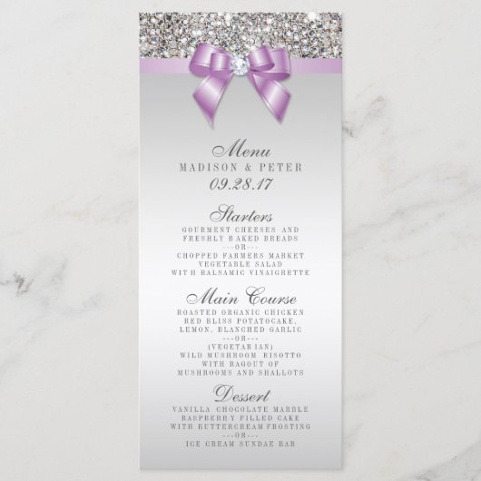Silver Sequins Lilac Bow Wedding Menu Menükarte (Vorderseite)