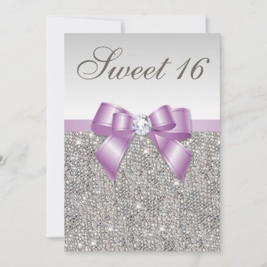 Silver Sequins Lilac Imitats Bow Sweet 16 Einladung (Vorderseite)