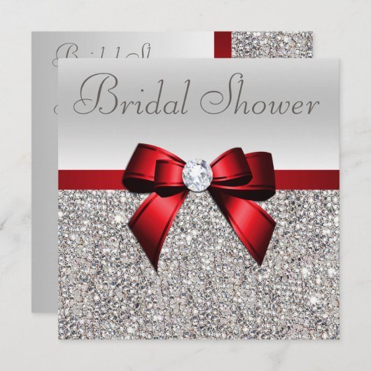 Silver Sequins Red Bow Diamond Brautparty Einladung (Vorne/Hinten)